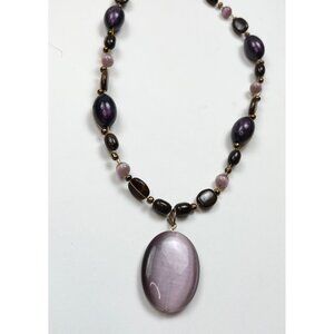 Purple & Brown Beaded Necklace With Large Glass Center Pendant